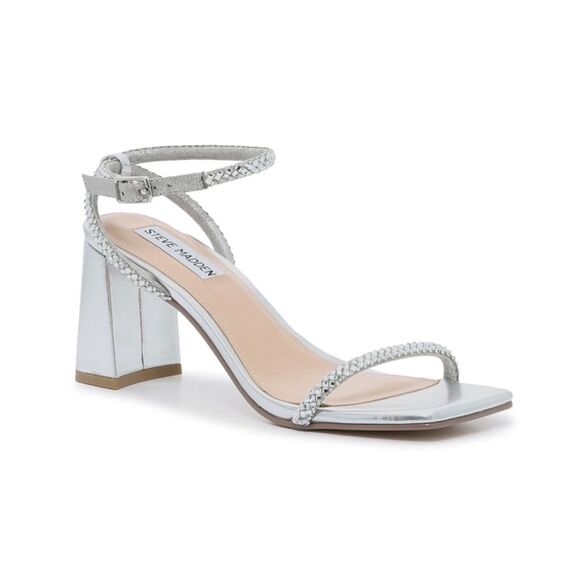 Steve Madden Shoes - Steve Madden Hurrah Dress Sandals Silver Strappy Heels Crystal Embellishment 8